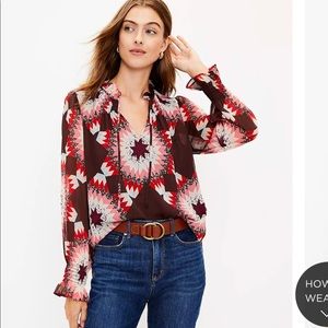 Loft Garden Smocked Ruffle Tie Neck Blouse